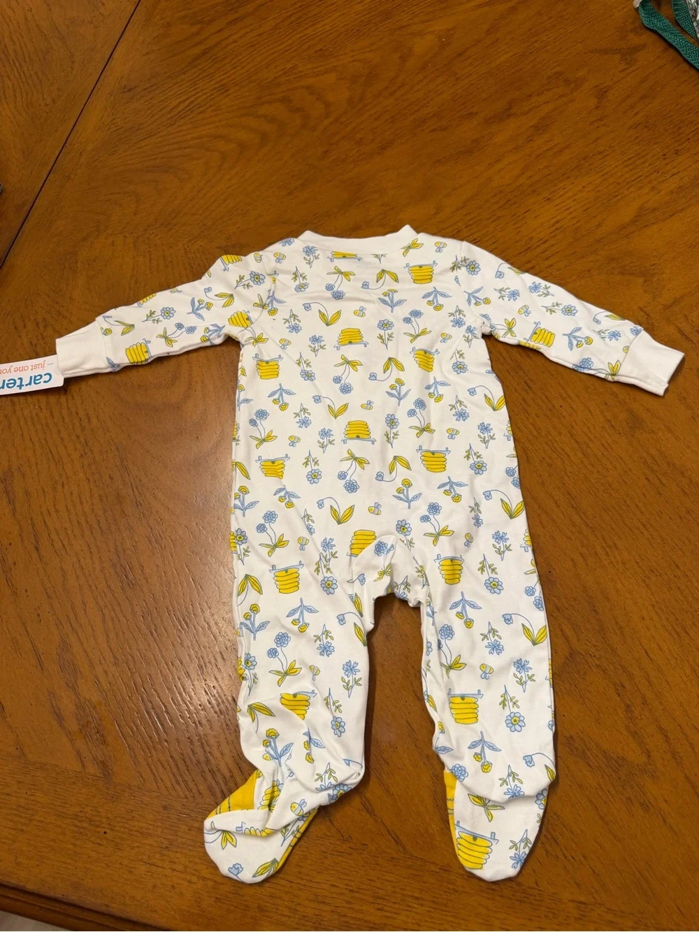 Carter's White One-Piece Footed Pajamas with Yellow & Blue Floral Bee Print